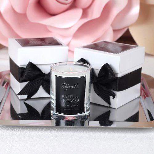 Personalized Black & White Theme Bridal Shower Favor Candle, Vanilla Scented, Boxed