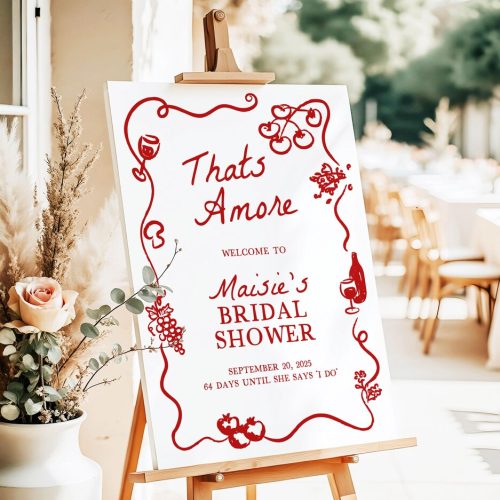 "That's Amore" Bridal Shower Welcome Sign Digital Download, with Hand Drawn Ribbon Border, Italian Food & Wine Illustrations
