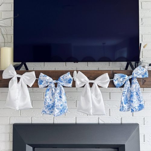 Bow Garland Bridal Shower Decor: Blue French Toile & White Satin Bows Shown, Many Colours Available