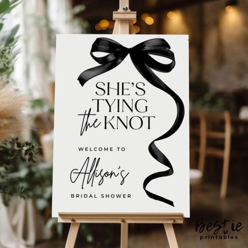 Personalized "She's Tying the Knot" Modern Bridal Shower Welcome Sign, Black Bow Theme