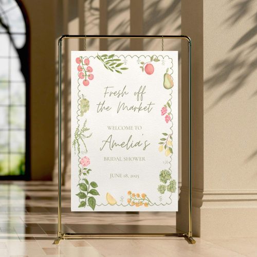 "Fresh Off The Market" Bridal Shower Welcome Sign Canva Template: Editable Hand Drawn Wavy Edge with Fruits & Florals