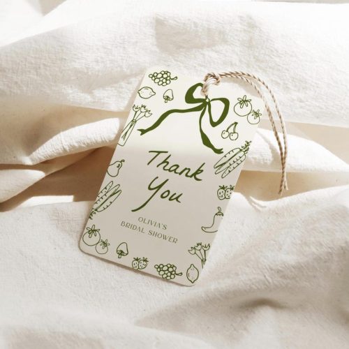 Farmers Market Themed Bridal Shower Favor Tag "Thankyou" Editable Template: Hand Drawn Bow, Fruits, Vegetables