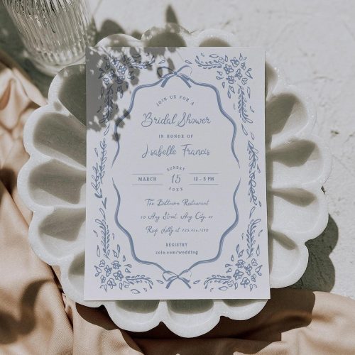Blue Bridal Shower Invitation Editable Template: Whimsical Hand Drawn Ribbon Bow Frame with Delicate Floral Details