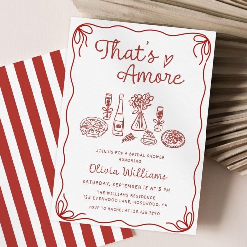 "That's Amore" Bridal Shower Invitation Digital Download, with Hand Drawn Italian Pizza Pasta Dinner Theme, Wavy Bow Border