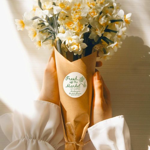"Fresh off the Market" Bridal Shower Favor Sticker Labels: Available in Pink, Blue, Green, or Yellow