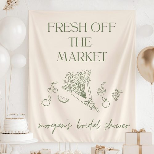 "Fresh Off The Market" Bridal Shower Banner: Minimalist Flower Bouquet & Fruits