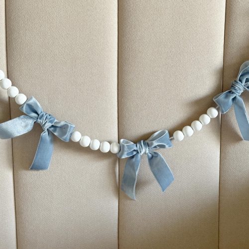 Blue & White Velvet Bows & Wooden Beads Bridal Shower Garland:Other Colours Available