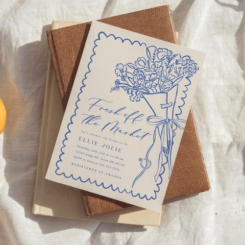 Bridal Shower Blue Invite Instant Download "Fresh Off The Market": Hand Drawn Wavy Border including Farmers Market Bouquet