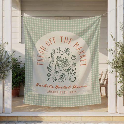"Fresh Off The Market" Bridal Shower Banner in Gingham Fabric: Farmers Market Theme with Custom Name & Date