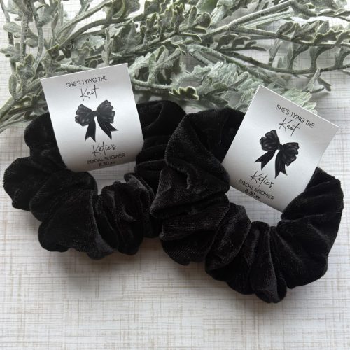 Personalized Black Scrunchie "She's Tying the Knot" Bridal Shower, Velvet Hair Tie Favors