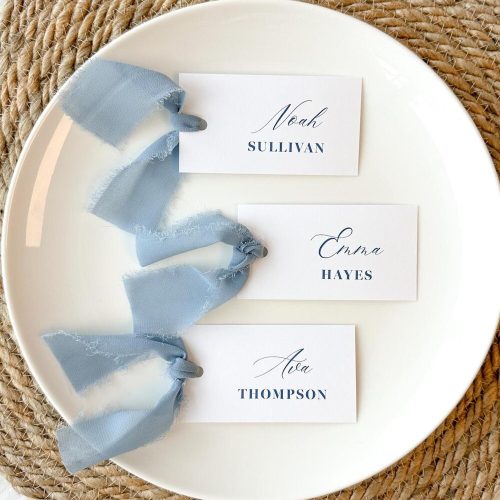 Dusty Blue on White Personalized Bridal Shower Place Cards Printed: Raw-Edge Chiffon Ribbon Tie