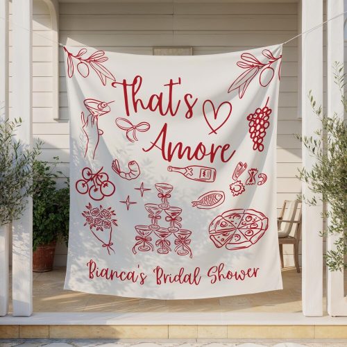 Personalized "That's Amore" Bridal Shower Banner, Italian Theme with Illustrated Champagne Tower, Champagne Bottle, Pizza, Fish, Olives, Pasta, Flowers, Grapes