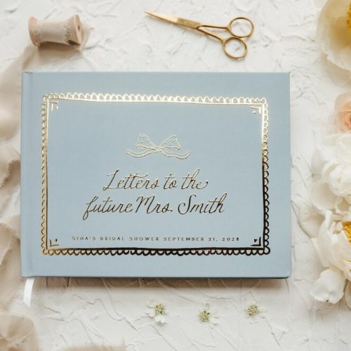 Light Blue Personalized "Letters to the Bride" Book: Coquette Bow Theme Bridal Shower Keepsake, Available in Many Sizes & Colours