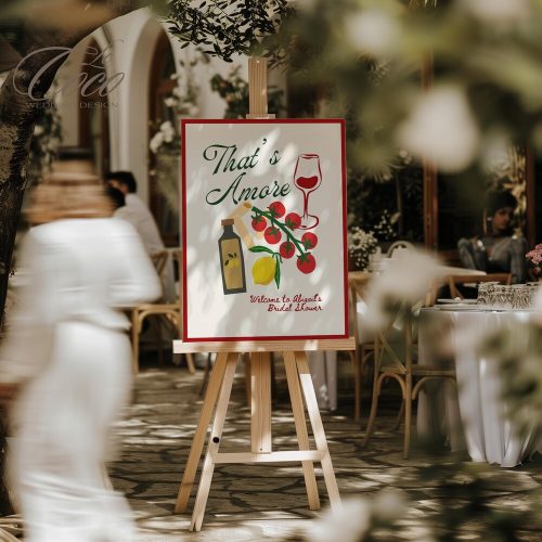 "That's Amore" Bridal Shower Welcome Sign Digital Download, with Italian Themed Hand Drawn Wine Glasses, Tomatoes, Pasta, Olive Oil and Lemons