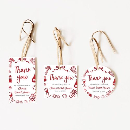 That's Amore Bridal Shower Favor "Thank You" Tags, Whimsical Red Hand Drawn Italian Food & Wine, Digital Download