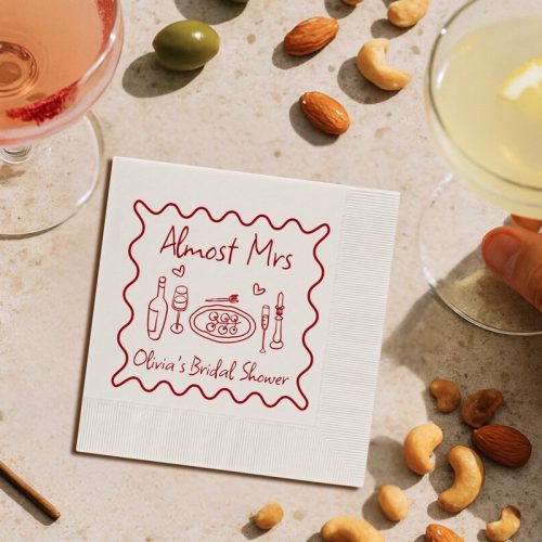 Personalized "Almost Mrs" Bridal Shower Napkins with Wavy Border, Size Options