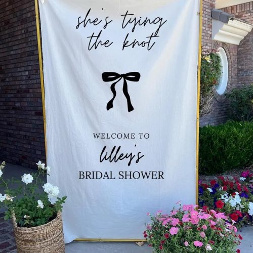Personalized "She's Tying the Knot" Bridal Shower Welcome Banner in Fabric, Modern Black Bow Design