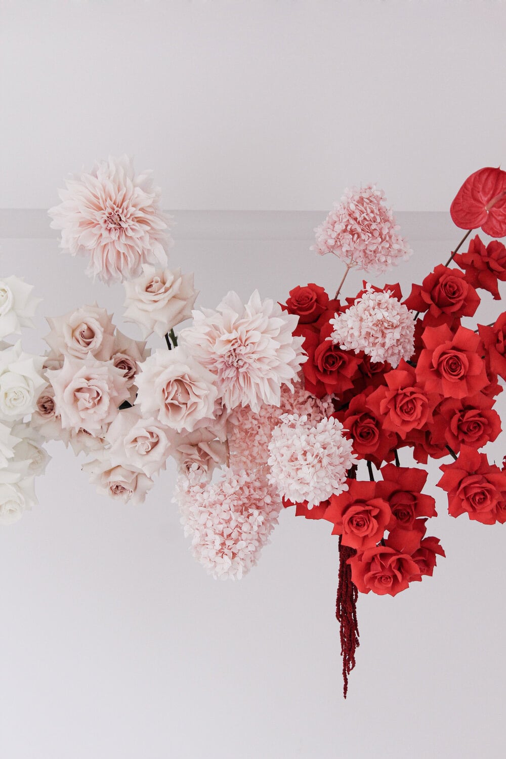 Modern Red & Pink Wedding Ideas | A suspended floral installation for a wedding ceremony or reception featuring an ombre cloud of red, pink and white flowers including roses, dahlias and hydrangea | Photography & Flowers: Madeline Anne