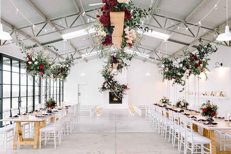 Modern romantic wedding reception styling in burgundy, pink and gold | Nattnee Photography