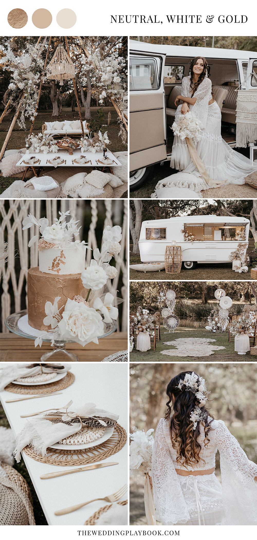 Outdoor Festival Bohemian Wedding Inspiration in Neutral, White & Gold | Photography: Shae Estella Photo