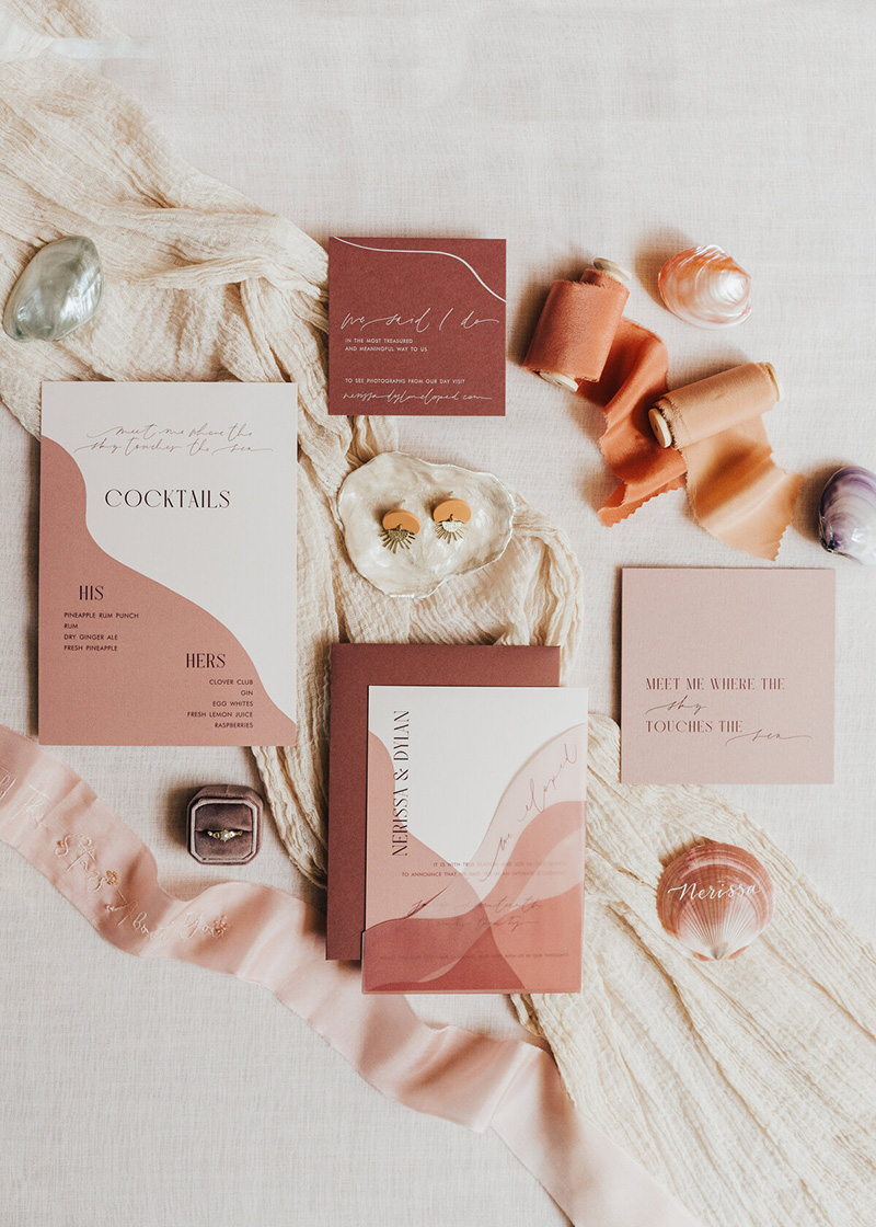 Romantic Boho Terracotta Wedding Ideas | A modern wedding stationery suite featuring clay and terracotta tones, soft curves and elongated fine line script paired with a thin vintage serif font in all caps. | Photography: Rebecca Carpenter via The Stars Inside