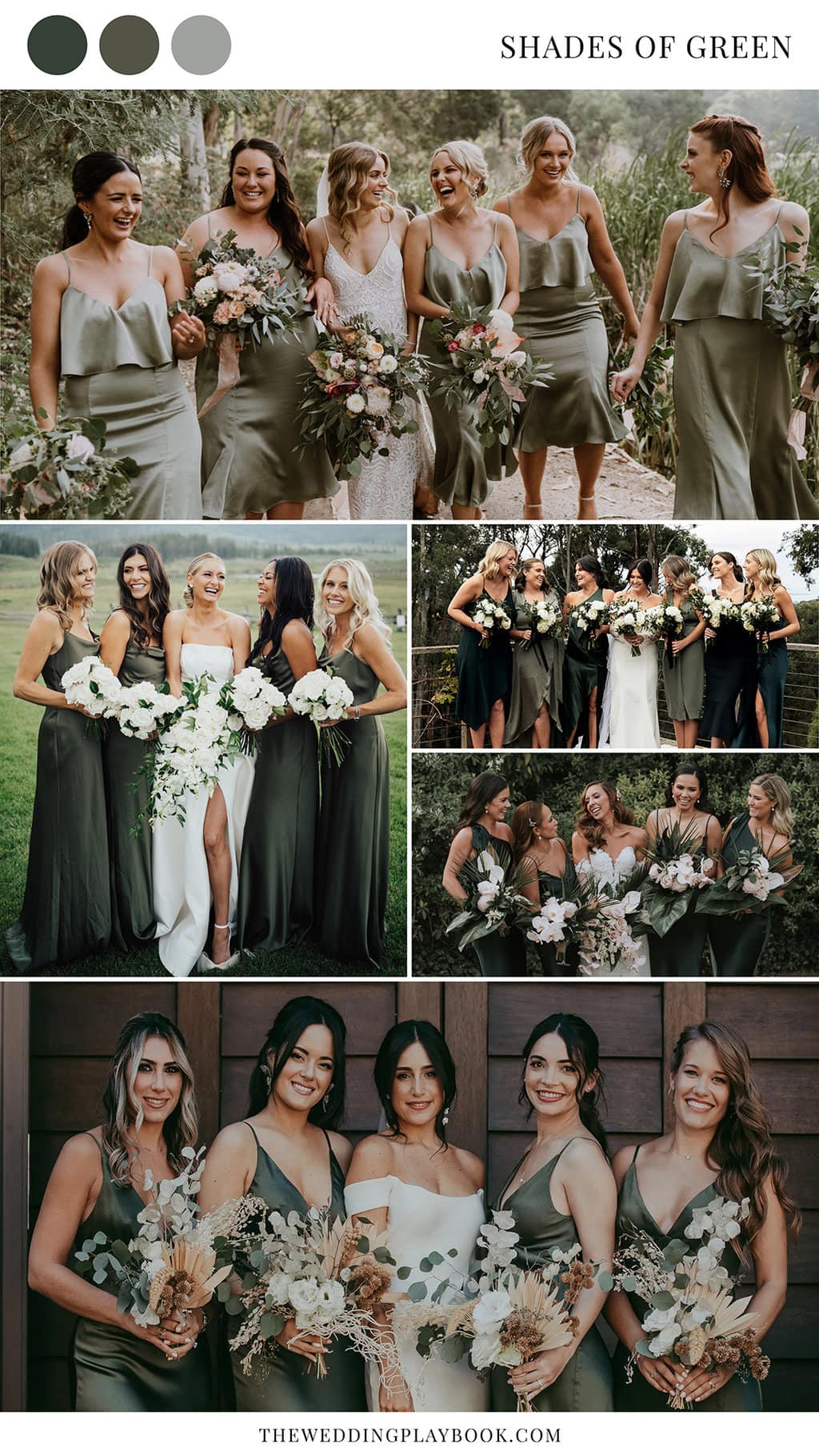 Green bridesmaid dress colour inspiration | Photography: Elsa Campbell Photography via And For Love | Nate Shepard Photo via Little White Dress | Lou Lou Memphis via Ivory Tribe | Kristie Carrick Photography via Hello May | Button Up Photography via Green Wedding Shoes