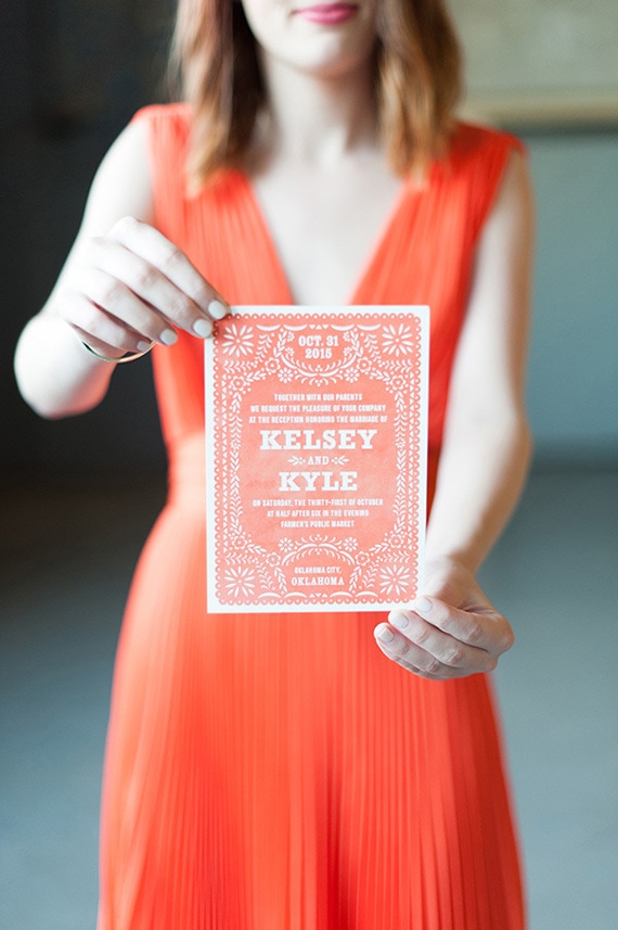 Mexican fiesta inspired wedding invitation in bright coral | Ely Fair Photography via Ruffled