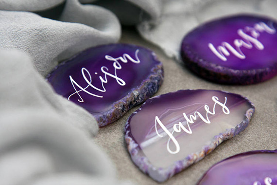 Ultra Violet agate place cards with white calligraphy | Fox and Heart